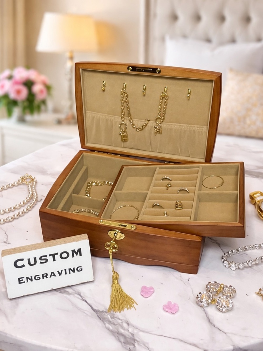 Personlized wooden jewelry box with lock customized wooden jewelry box